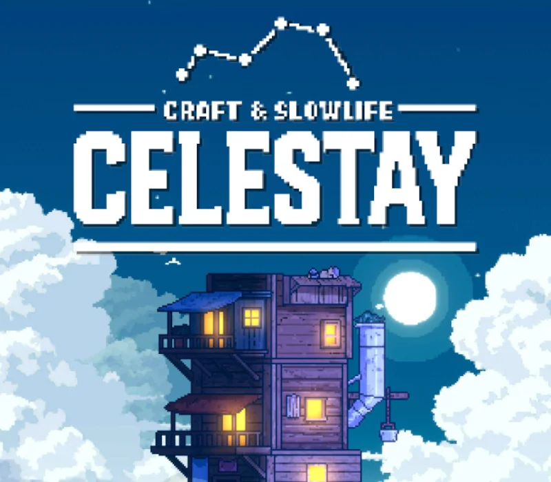 Okładka CELESTAY, CRAFT & SLOWLIFE nad CELESTAY, pikselowa drewniana wieża pod księżycem i konstelacją