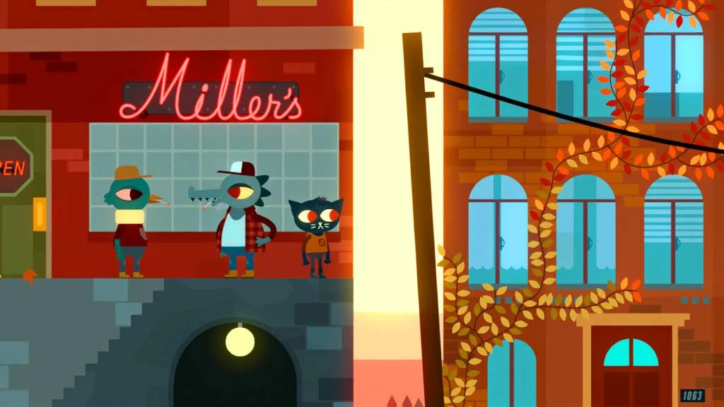Mae and friends outside Miller's storefront on a town street