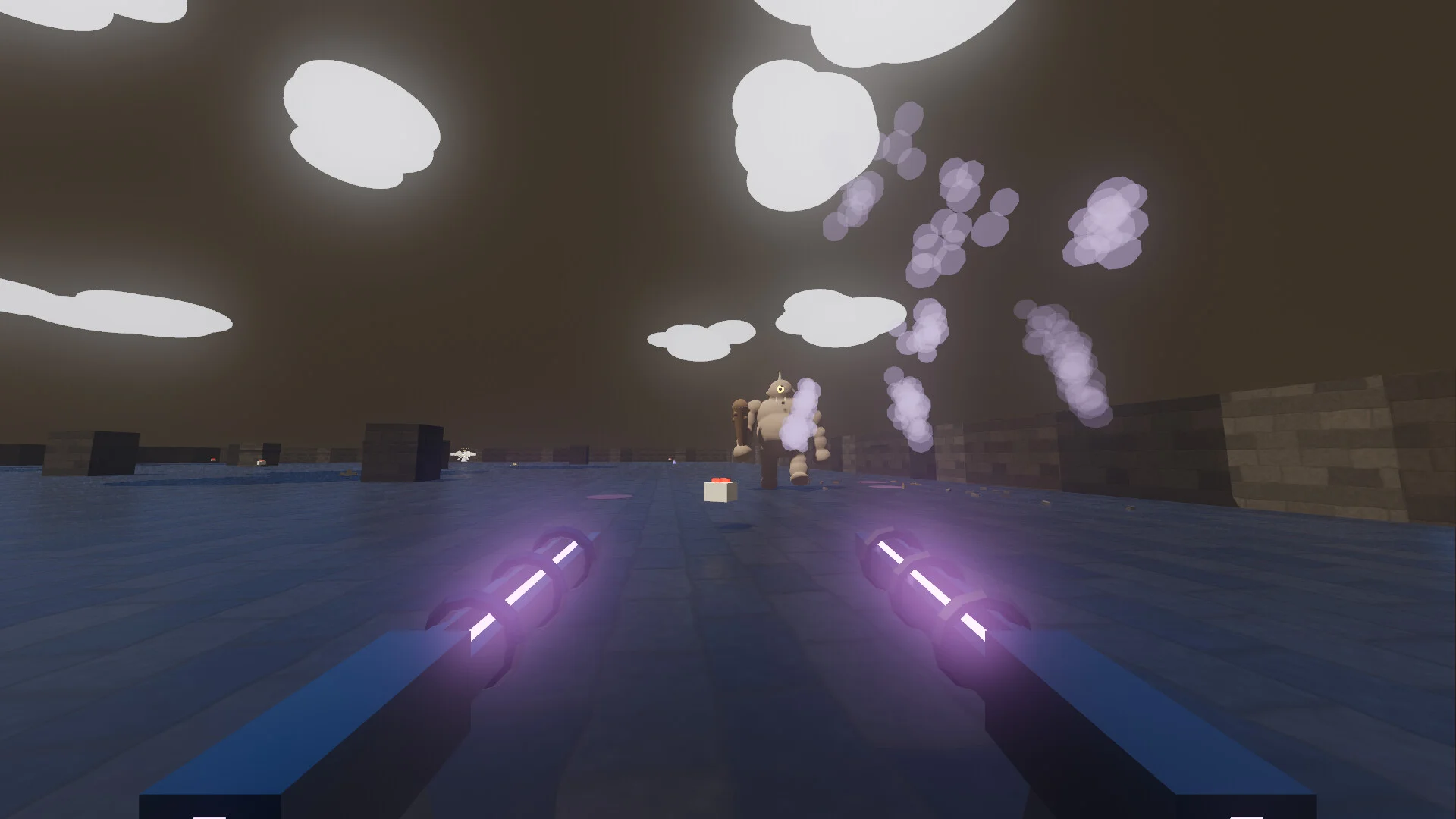 Angel Told Me dual purple energy guns firing at a clay giant