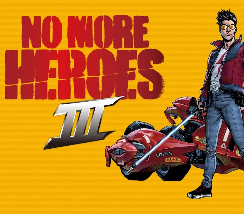 Travis Touchdown beside a red motorcycle under a yellow No More Heroes III title
