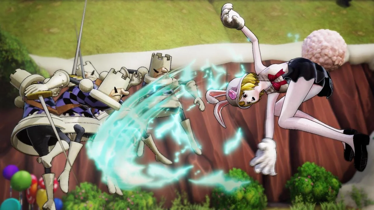 Blonde fighter in a rabbit hat kicking castle-headed soldiers with a teal arc
