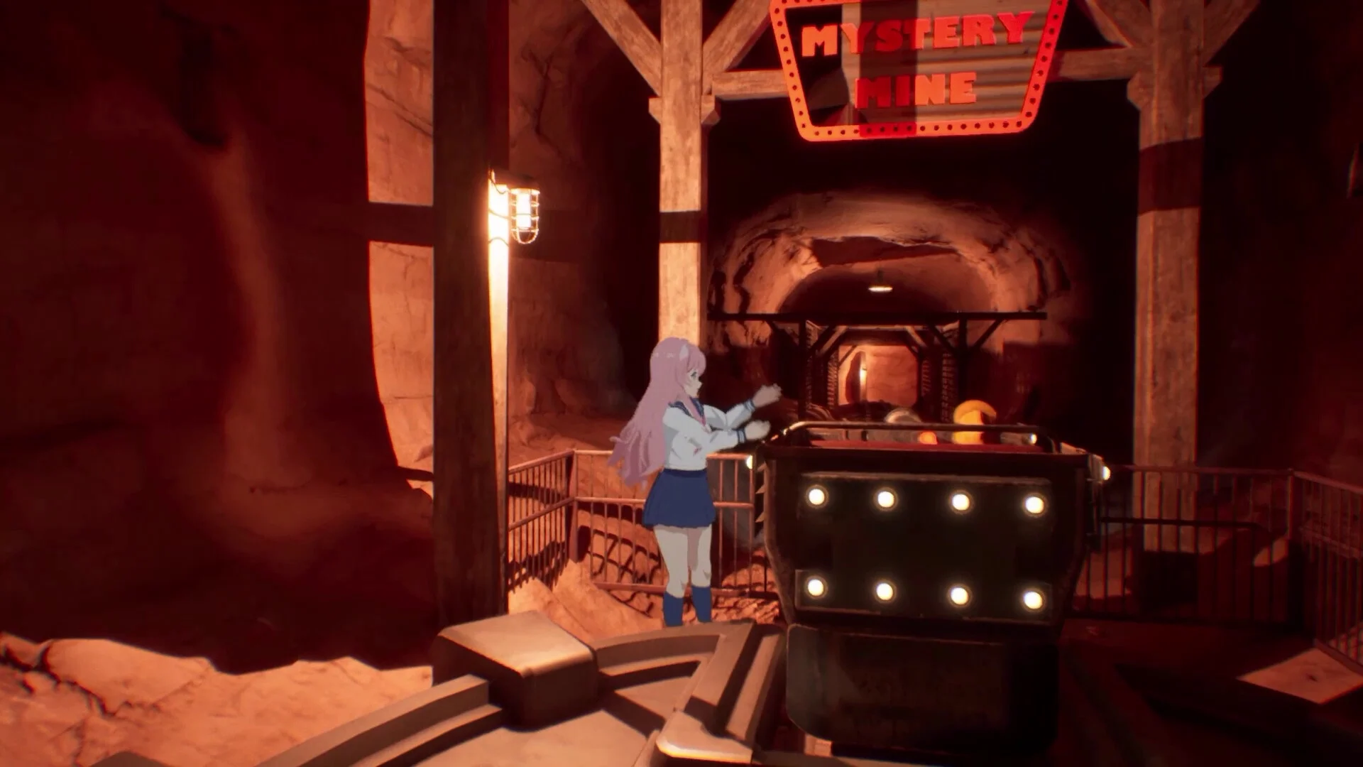 Mystery Mine: anime sailor at a lit mine cart in a red cave under a neon sign