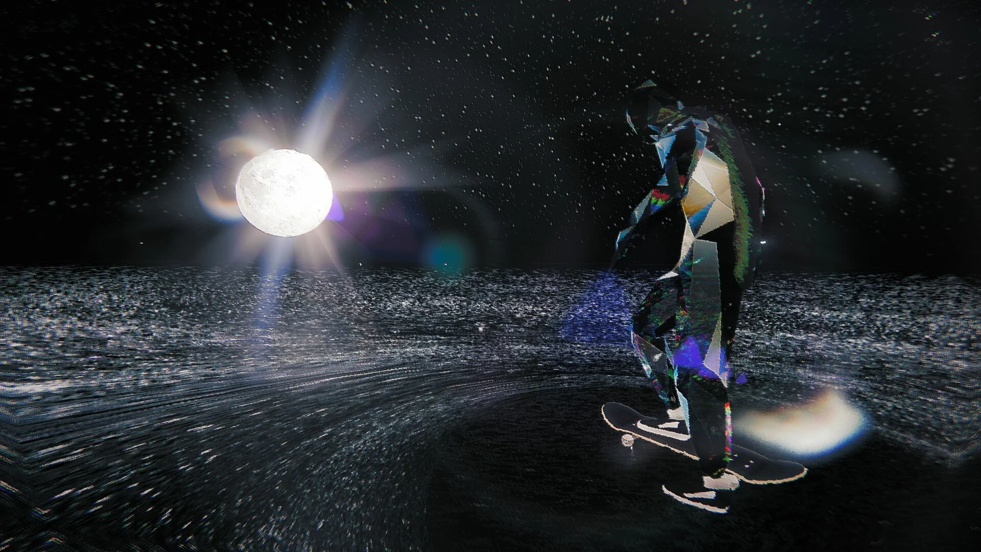 A crystalline figure on a board facing a bright moon