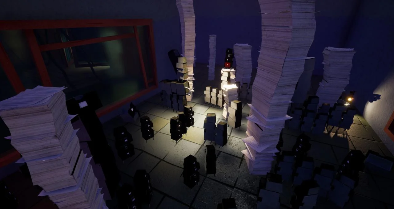 Office maze: towers of paper, black filing cabinets, one red glowing eye under a spotlight