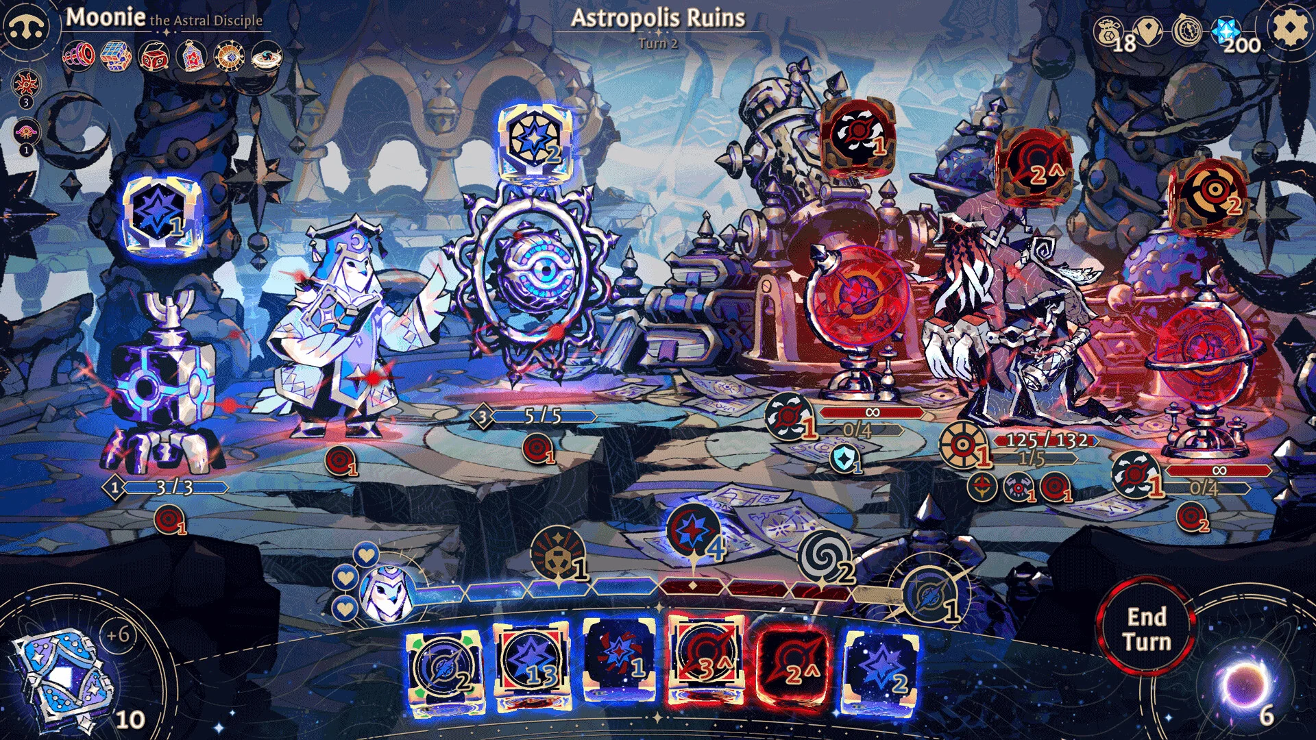 Moonie at Astropolis Ruins: blue purification dice vs red corruption orbs, End Turn