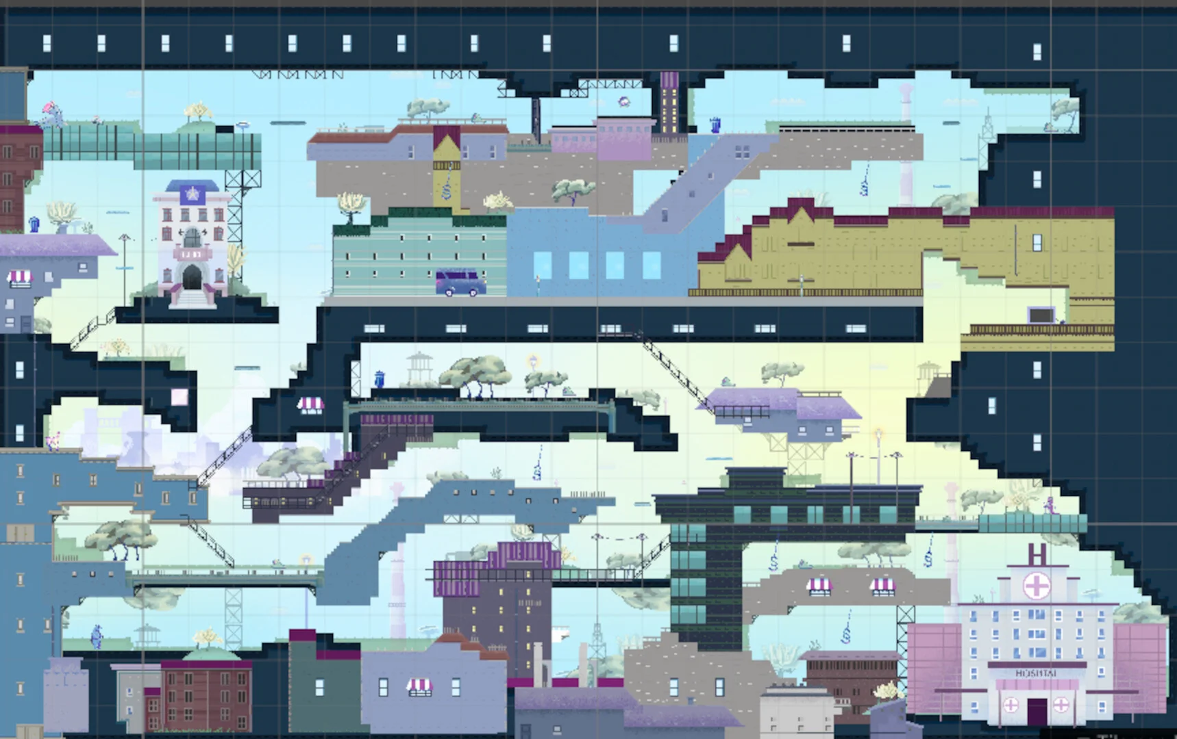 Overview map of interconnected pastel city platforming areas