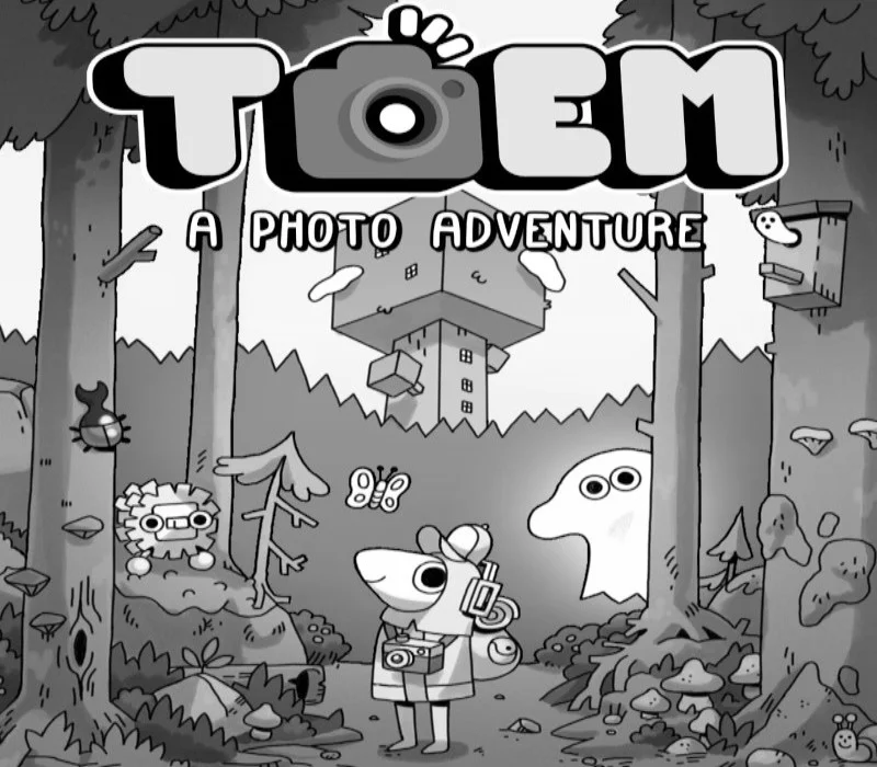 TOEM cover art: photographer in a forest with a ghost and a floating house