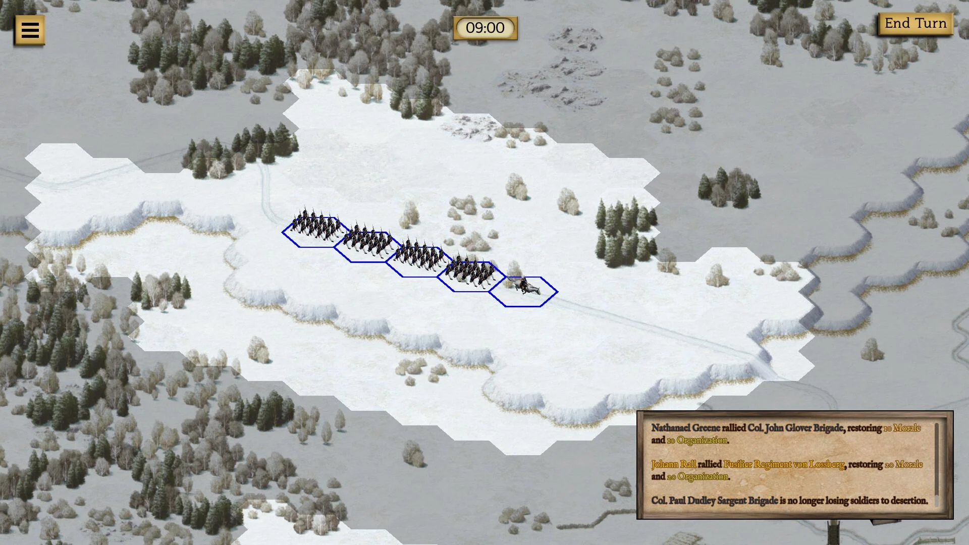 Śnieżna mapa heks 09:00, niebieska kolumna piechoty i jeździec na białej drodze, End Turn, log Greene zbiórki brygady Glover