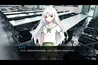 White-haired girl in a school uniform standing in a classroom of empty desks