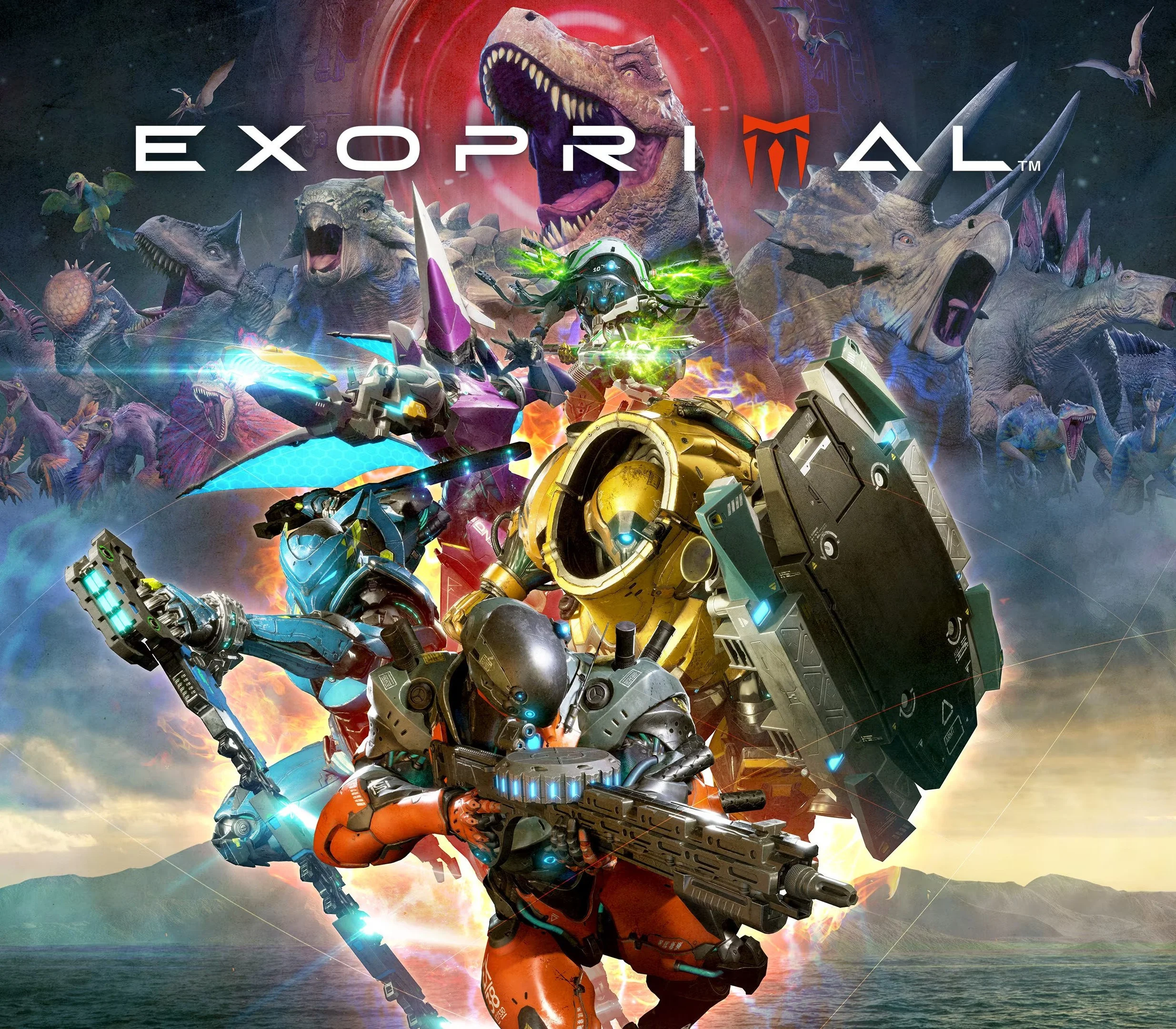 Exoprimal EU cover, exosuits facing a dinosaur swarm
