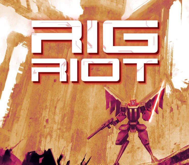 Cover: orange RIG RIOT type, magenta mech with energy blade and rifle on a ruined ledge