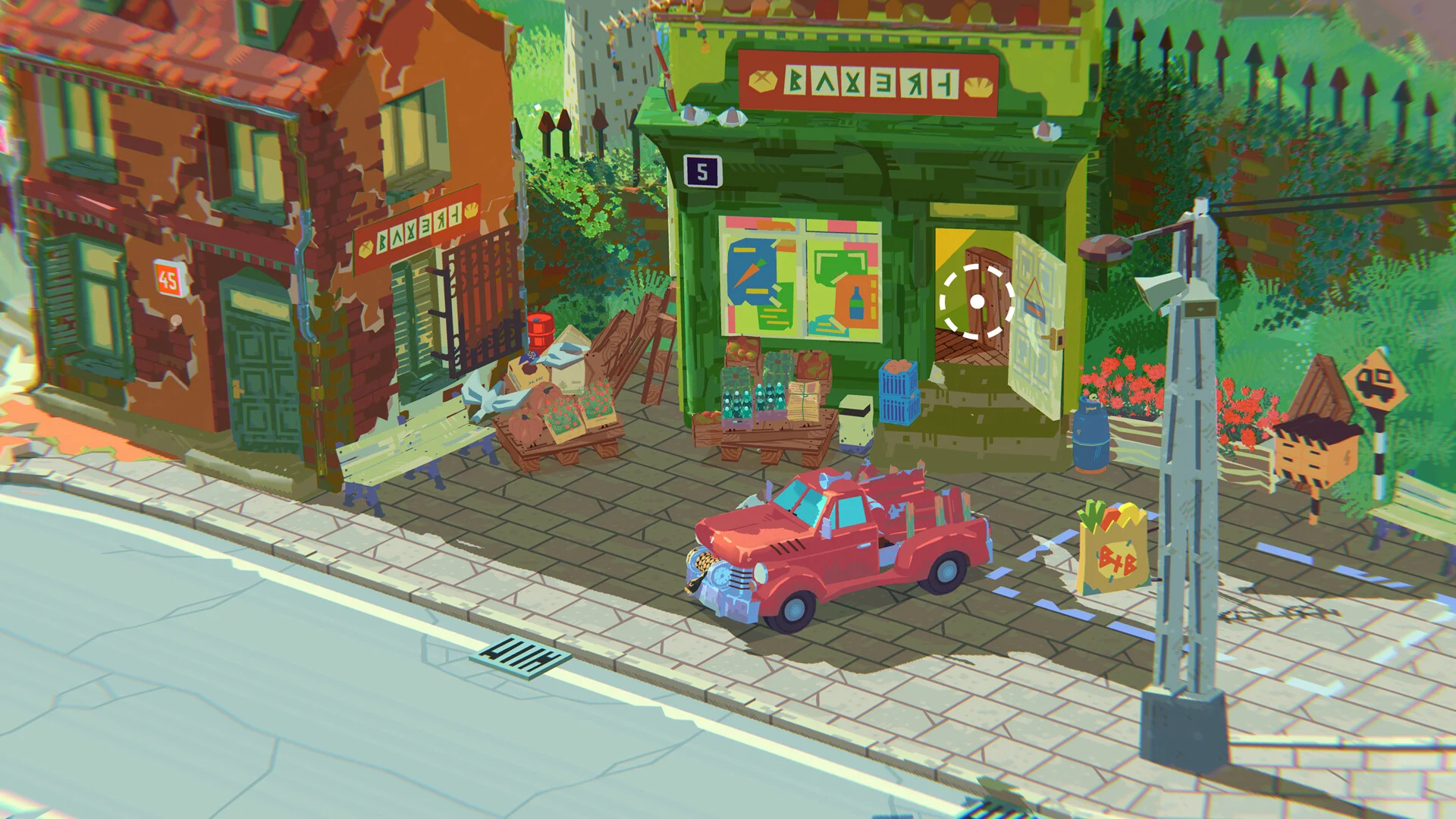 Green shopfront number 5: red pickup parked on the pavement beside crates and a bakery