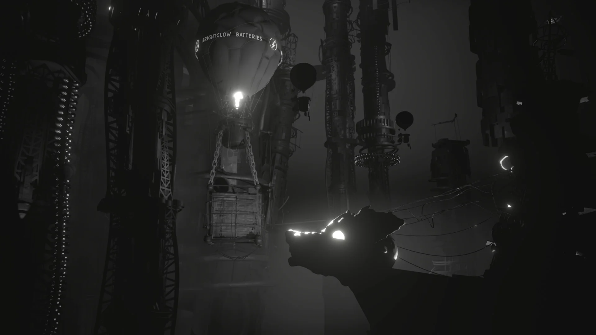 Fog city, BRIGHTGLOW BATTERIES balloon with a hanging crate, dark wolf-head silhouette with glowing eyes