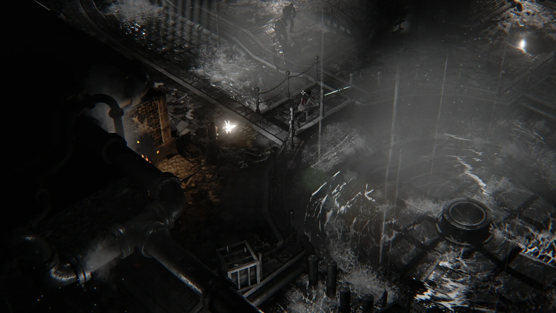 Isometric dock at night in rain: protagonist in coat firing with muzzle flash, crosshair on a target along chain-linked stone walkways