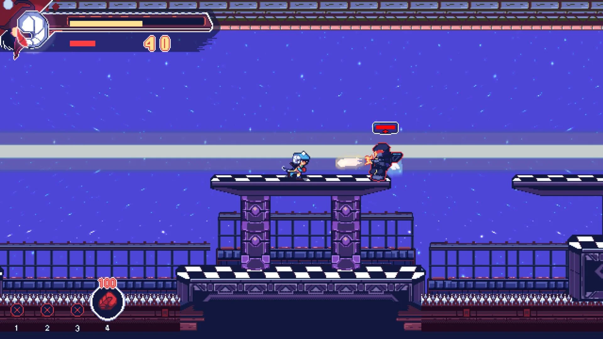 Side-scroller, goat girl shooting a dark enemy on a checkered platform over a purple starfield, HUD 40