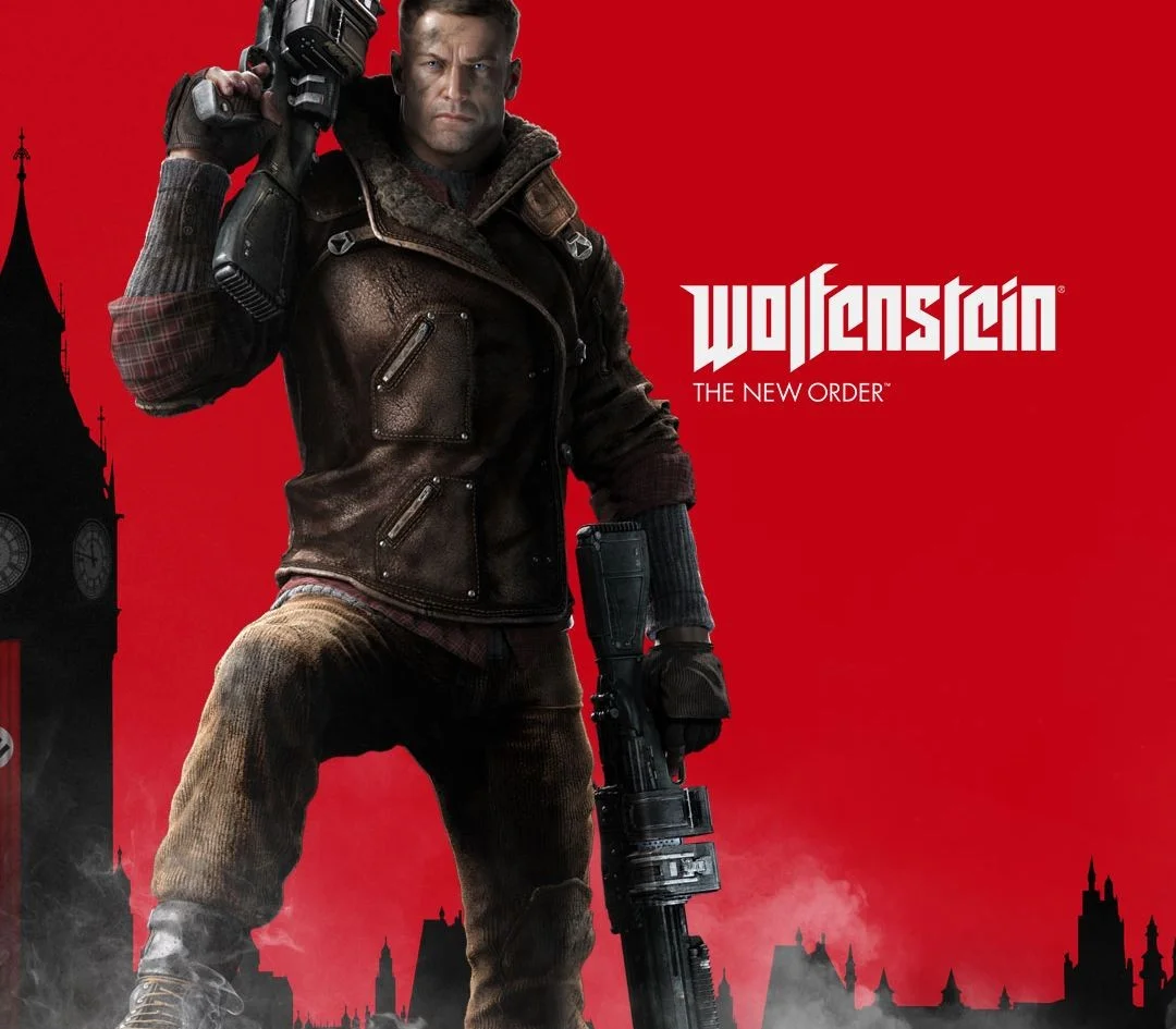 Wolfenstein The New Order cover: B.J. with two guns, leather jacket, Big Ben with a regime banner on a red field