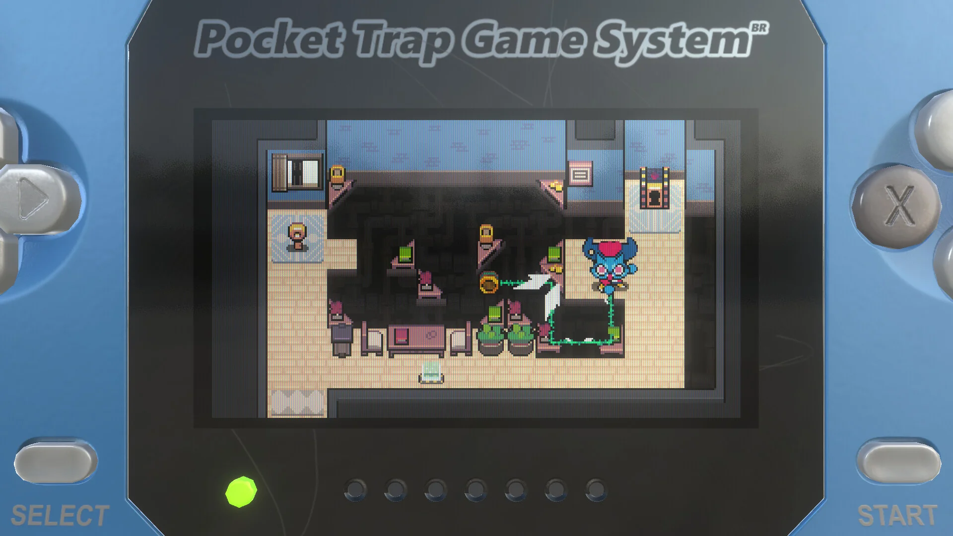 The game shown inside a Pocket Trap handheld frame