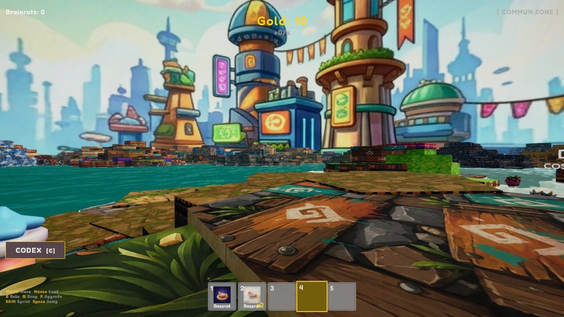 Wooden jetty over bright water toward a cartoon city, palm tree and stone path on the left