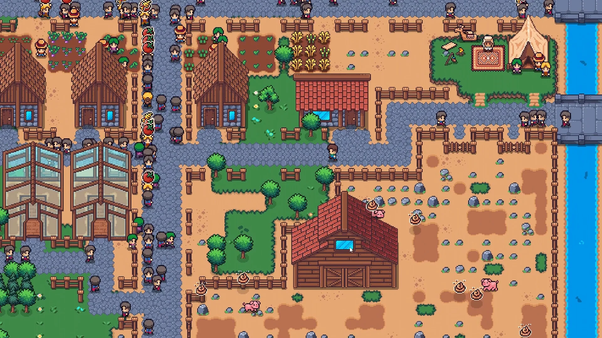 Brick barn with pigs, tent camp by the river, greenhouse queue of villagers with produce