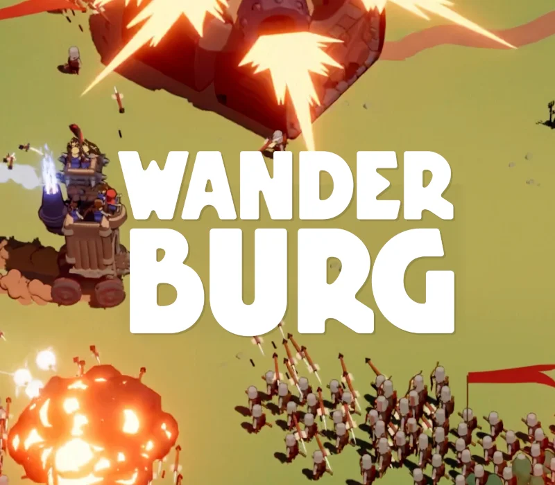 Wanderburg LATAM cover, WANDERBURG title over a rolling keep, explosion and spear ranks
