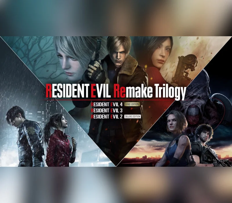 Resident Evil Remake Trilogy cover collage of RE2 Deluxe, RE3 and RE4 Gold Edition