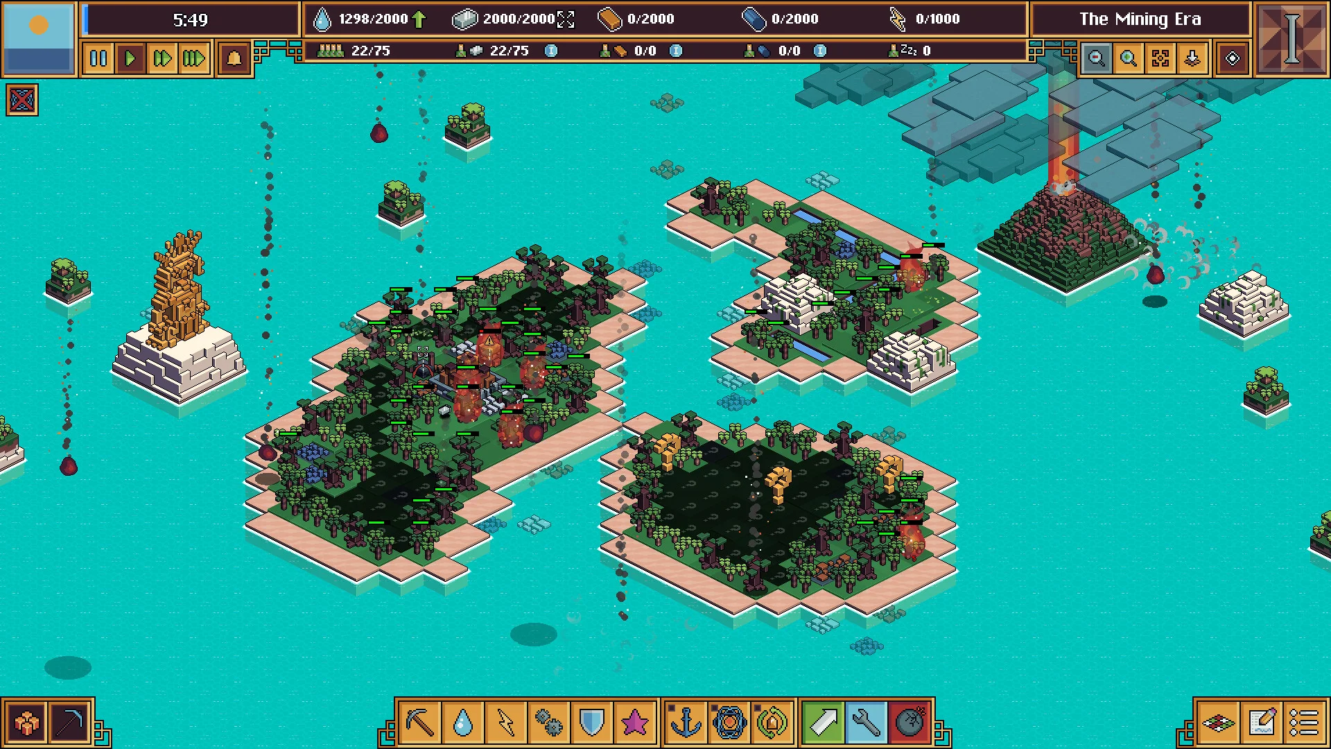 The Mining Era 5:49, jungle islands, volcano, golden statue on a rock, resource bars on teal water
