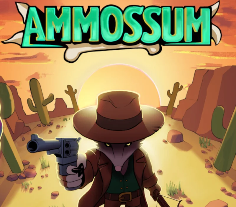 AMMOSSUM cover, opossum gunslinger in a brown hat and coat aiming a revolver at sunset among cacti