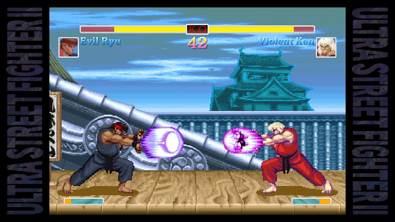 The same match from farther back, with the boat, a temple roof, and a green health bar.