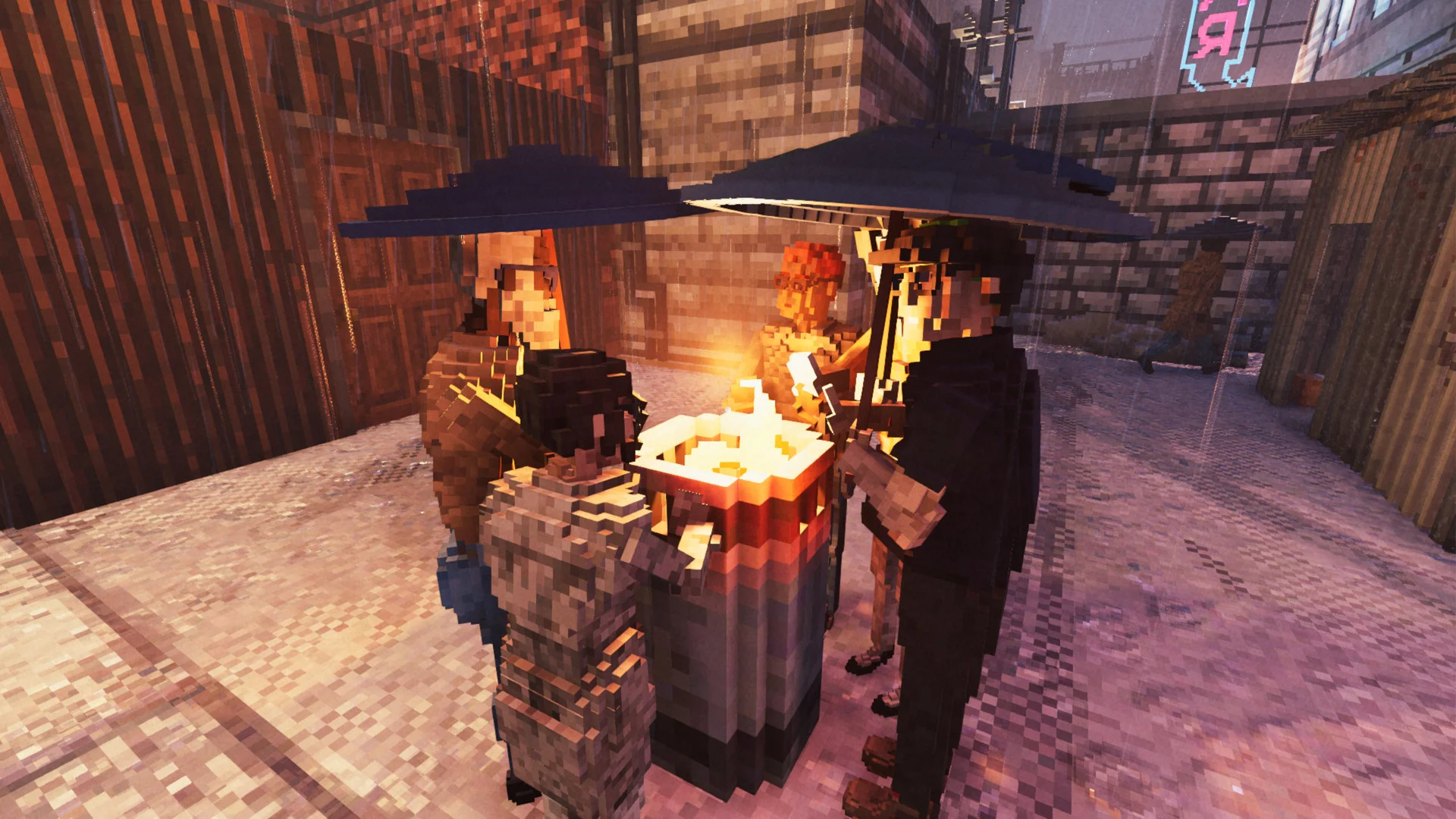 Four voxel figures with umbrellas around a glowing barrel fire in a tiled alley, rain, wooden doors to the left