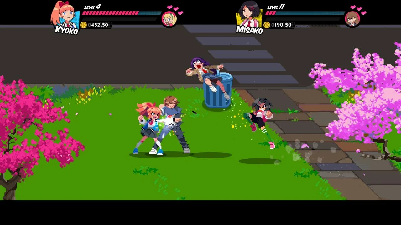 Kyoko punches a boy on a cherry-blossom lawn as Misako runs and a girl flies from a trash bin