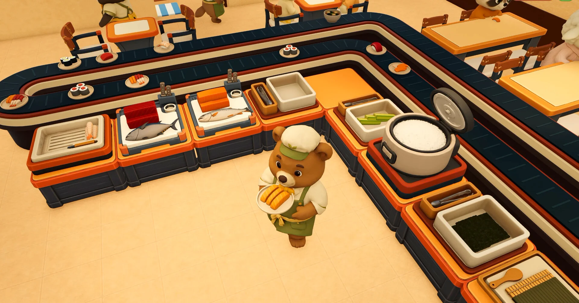 Bear chef holding a sushi plate beside a conveyor belt and preparation stations