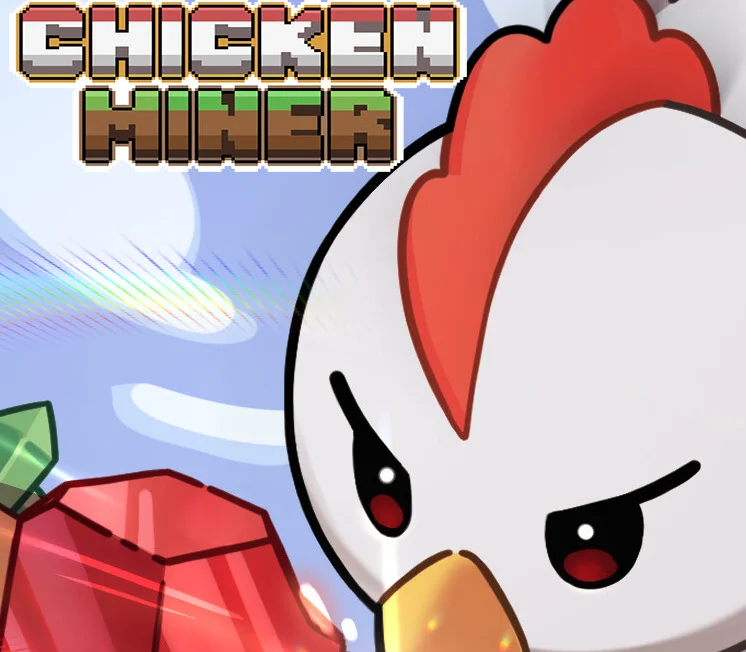 Cover: pixel CHICKEN MINER dirt-block letters, angry white hen, red crystal
