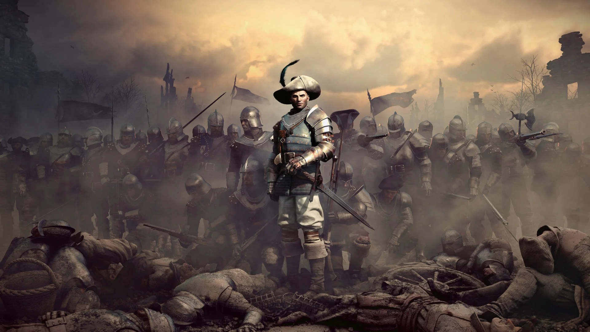 Plumed officer in plate before a mist of soldiers, banners and fallen bodies