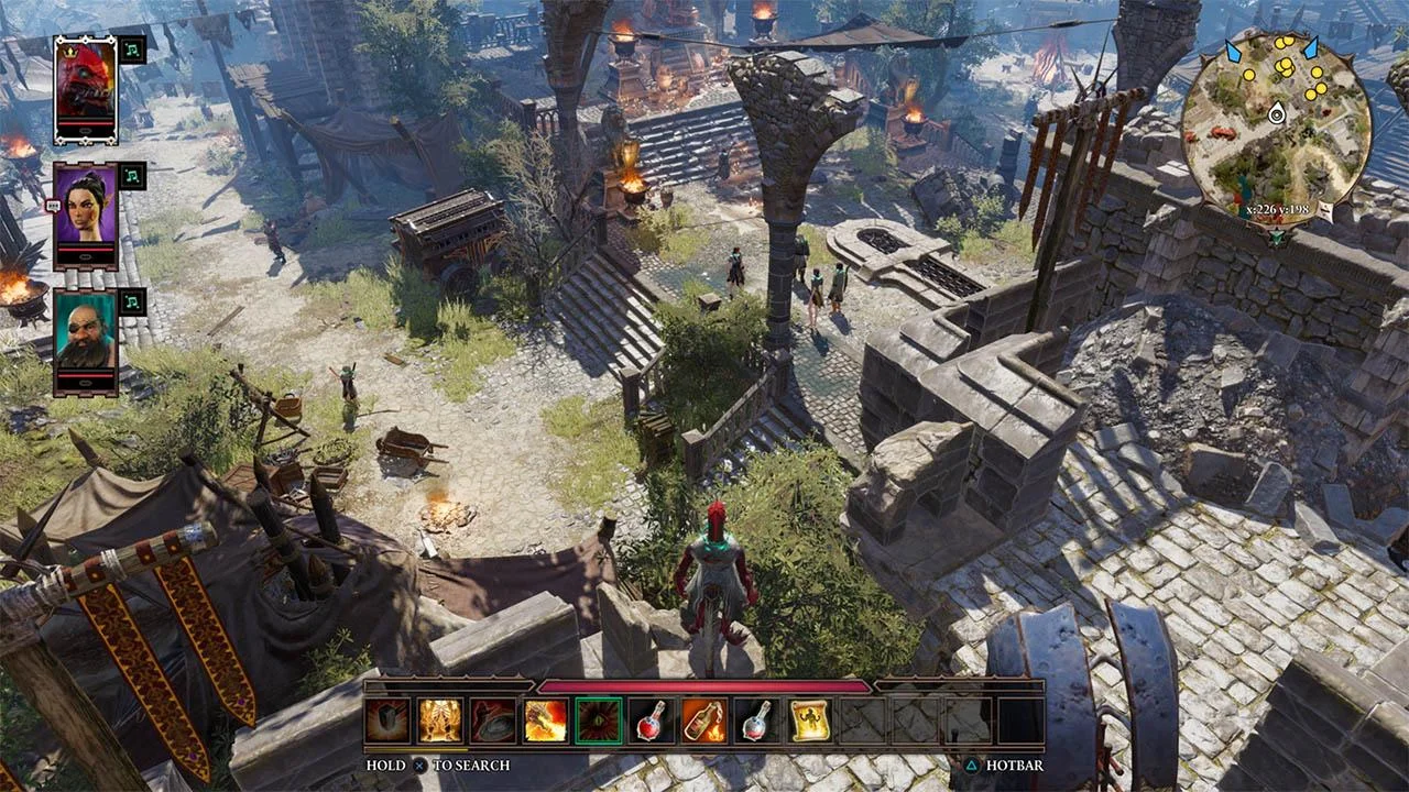 Isometric Fort Joy courtyard, red-armoured figure on a stone wall above tents, campfires and a ruined arch