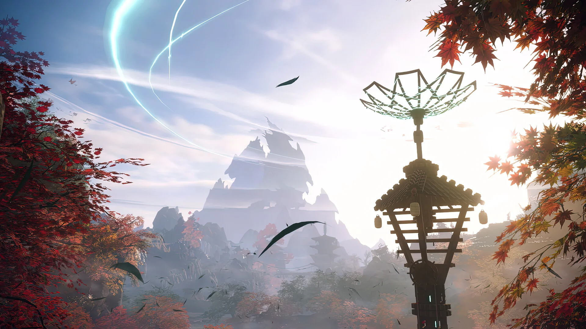 A carved staff in a misty mountain forest with red leaves.