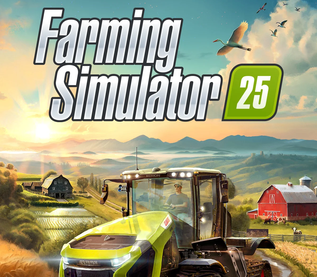 Farming Simulator 25 cover, three maps and branded machines