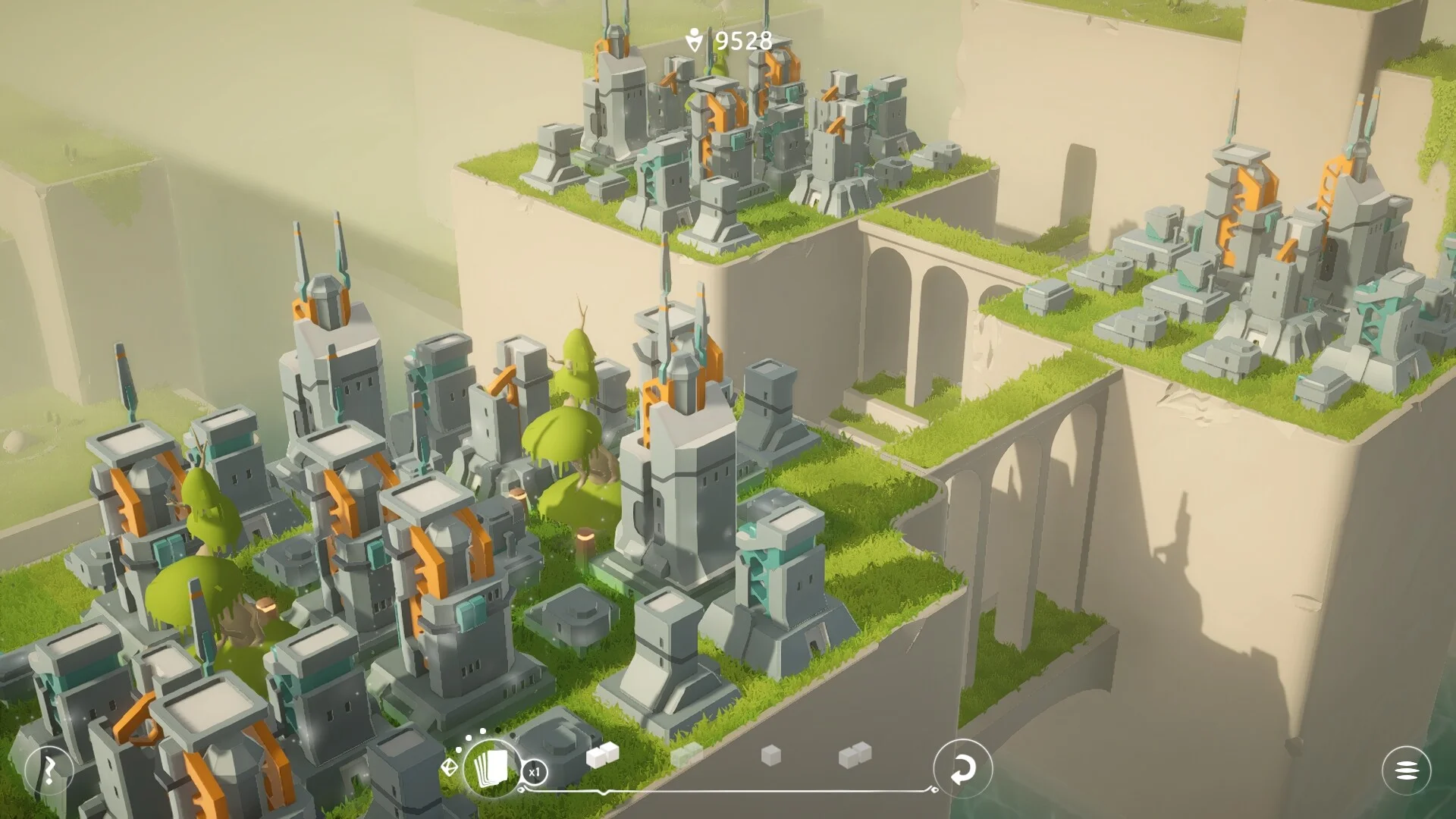 Grey towers with orange fins on grassy cliff terraces, score 9528, HUD tile marked x1