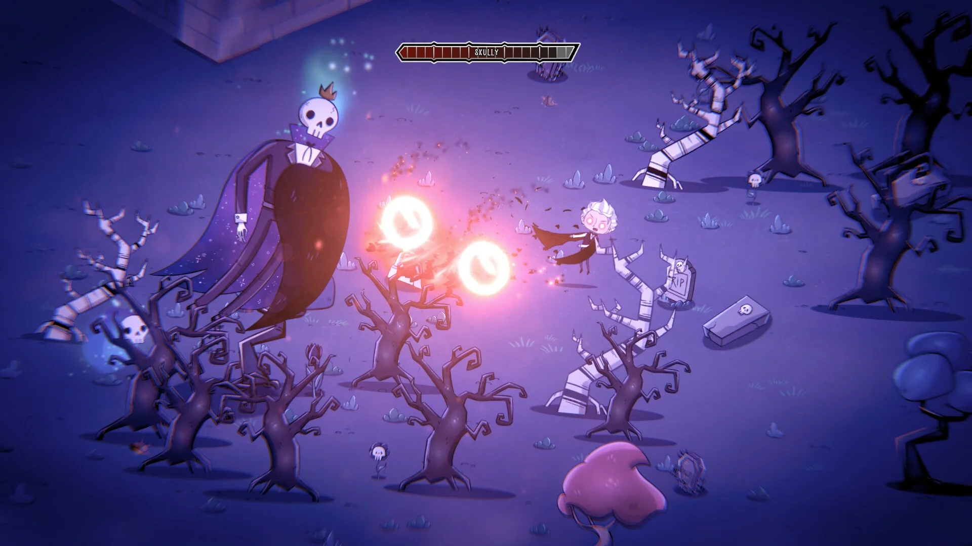 Night fight: tiny white-haired vampire hurls two glowing orbs at a tall crowned skeleton in a purple graveyard of twisted trees