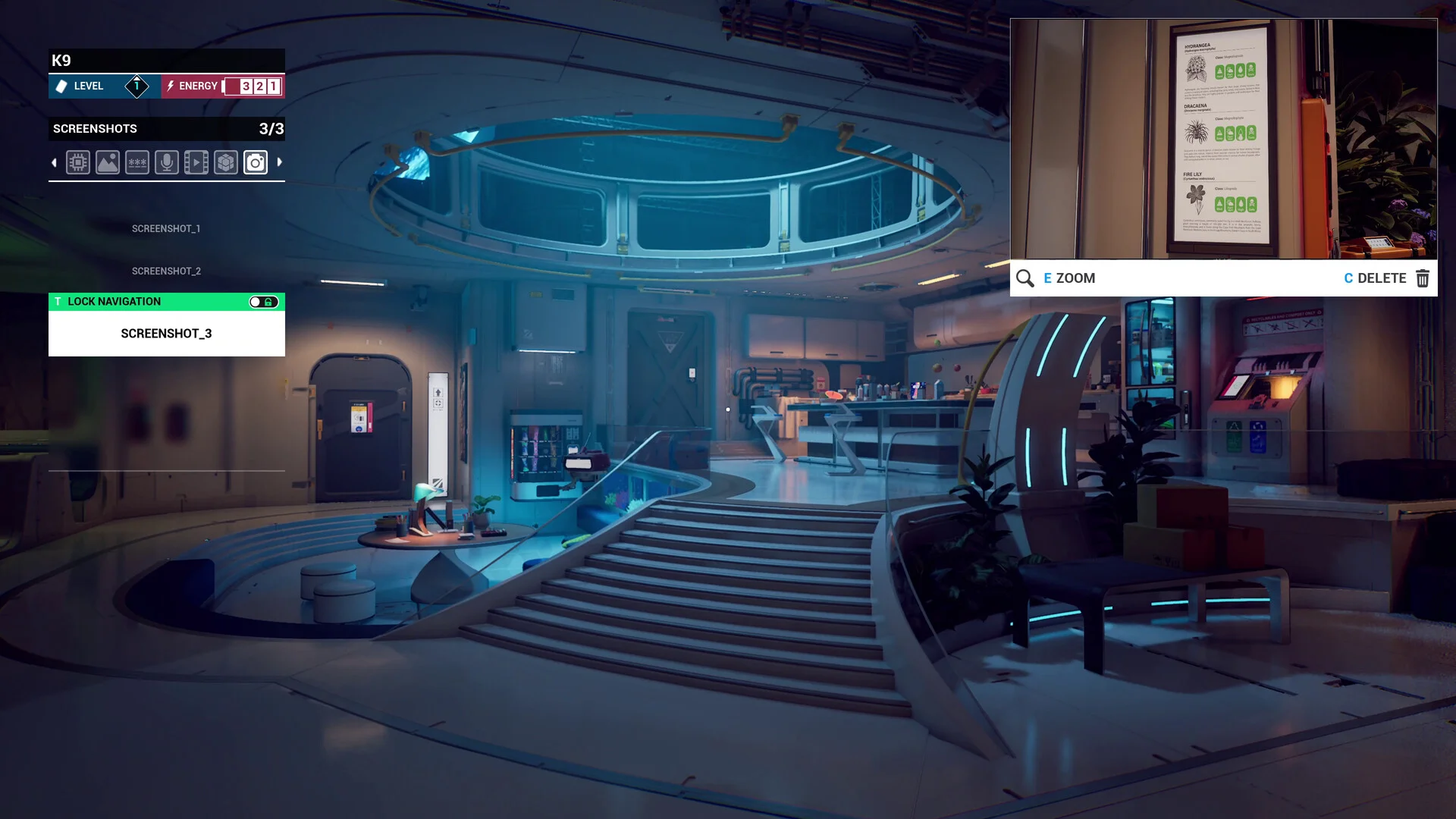 Atrium HUD: K9 LEVEL ENERGY 3/21, SCREENSHOTS 3/3, LOCK NAVIGATION, plant poster zoom
