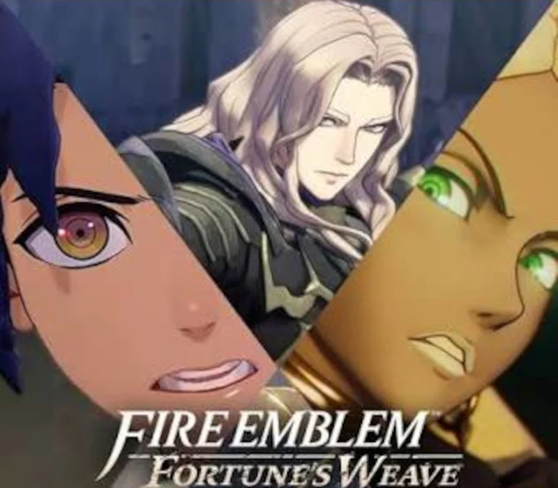 Cover: three faces in a triangular split — amber eye, silver-haired swordsman, green-eyed profile — Fire Emblem Fortune's Weave wordmark