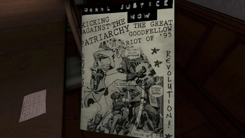 Zine page on a desk, cowboy comic panel, REVOLUTION in the margin, small paper slip to the left
