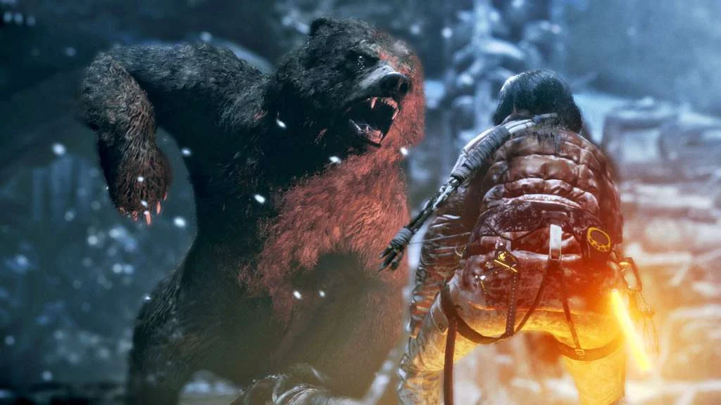 Lara Croft facing a charging brown bear in snow