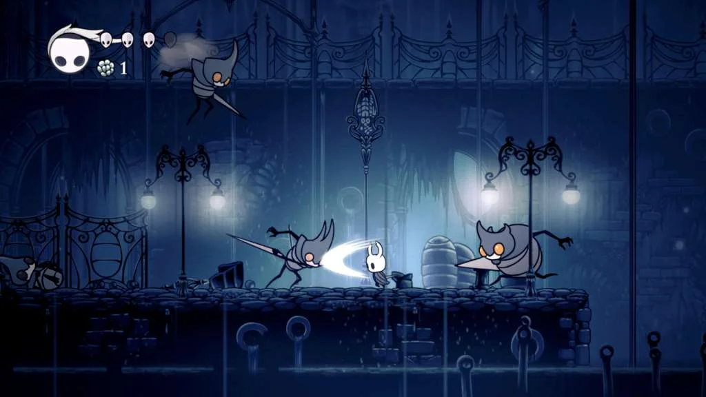 City of Tears: the Knight between a flying sentinel and a beaked walker under street lamps