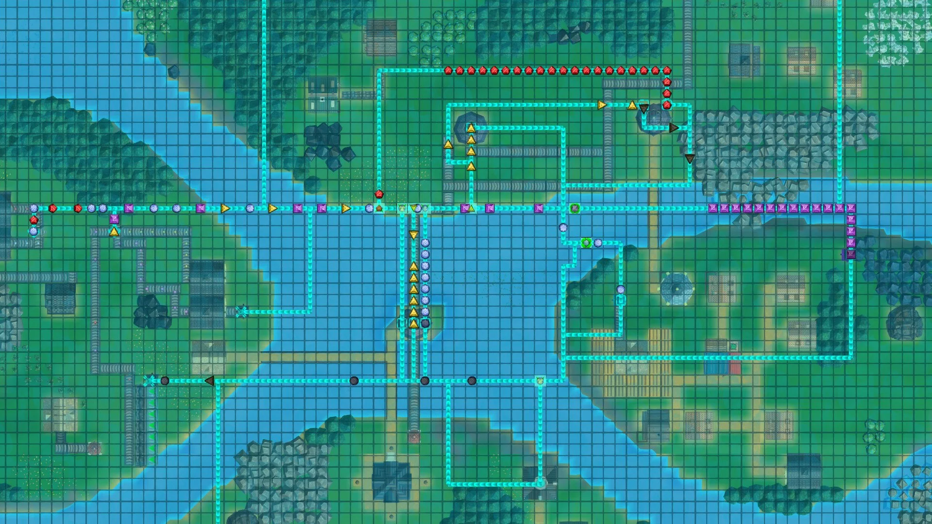 Overhead logistics map: cyan belt paths across a gridded river delta with colored markers