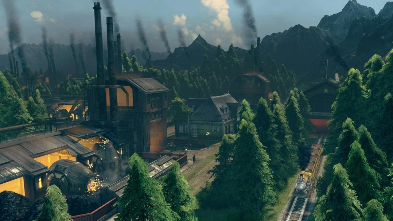 Mountain smelter with glowing furnaces and smoking stacks, a yellow locomotive pulling cars through pine forest