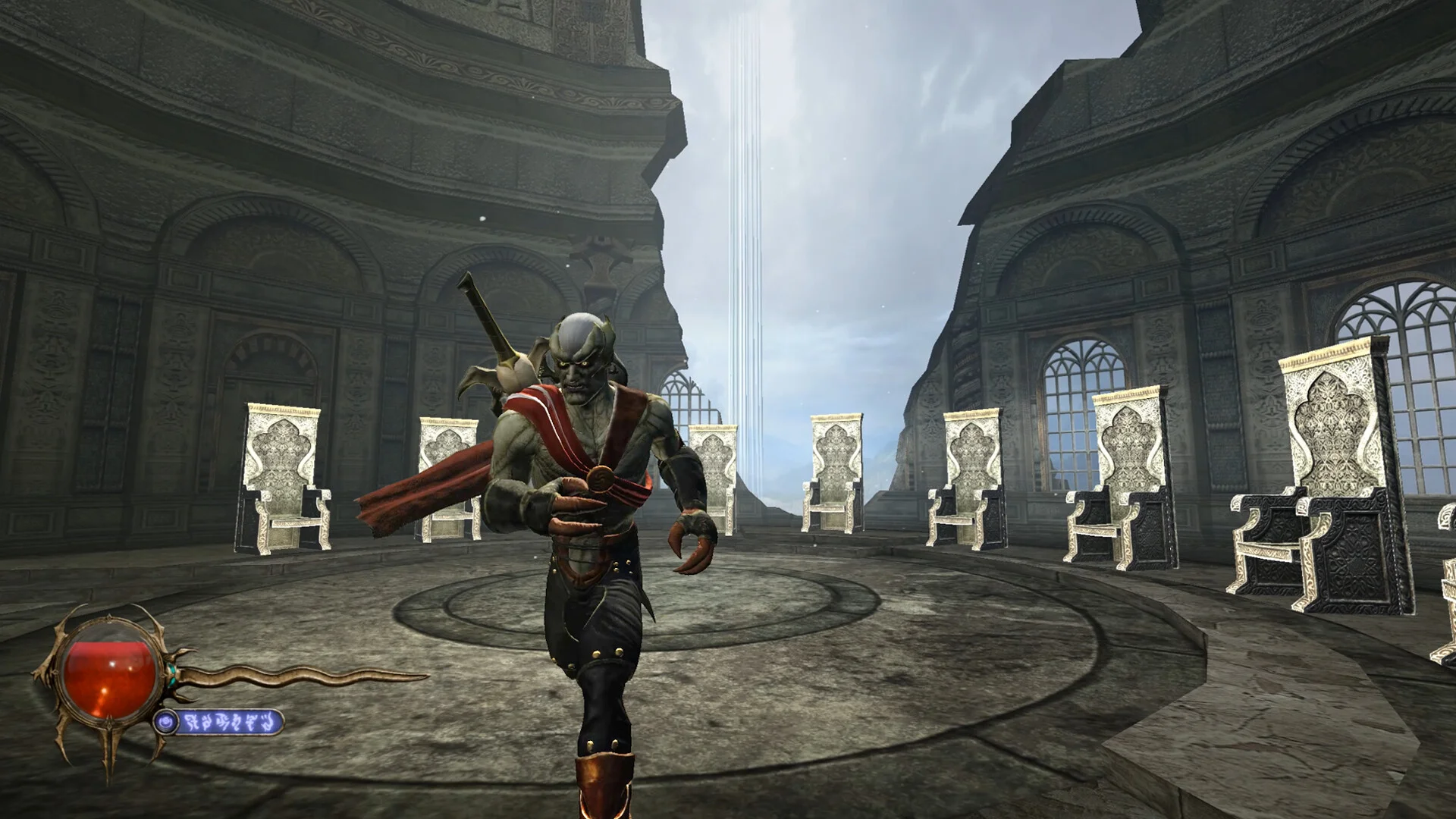 Circular stone hall of empty ornate thrones as a red-sash warrior runs toward the camera under a shaft of light