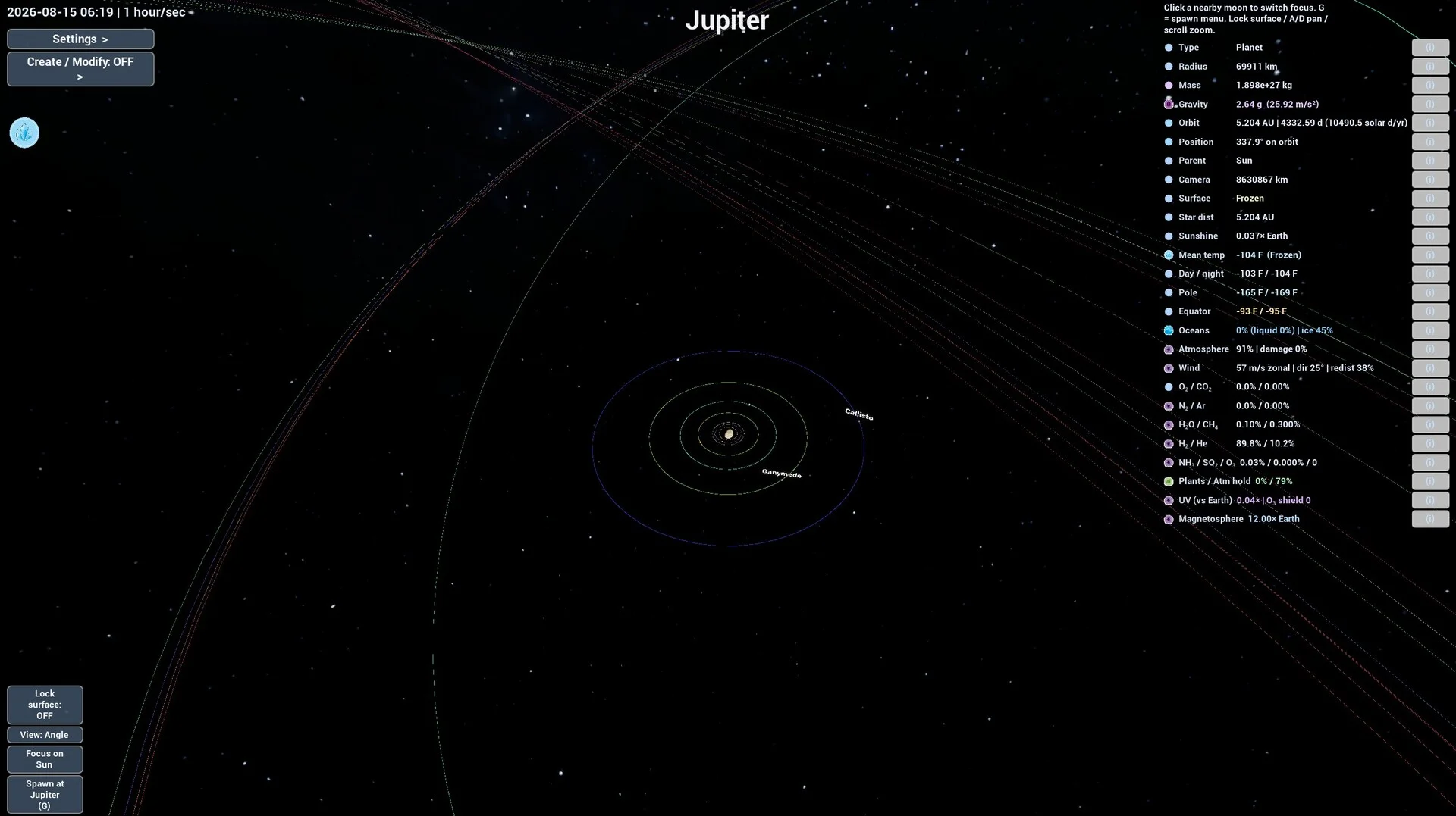 Jupiter inspector panel listing mass, orbit and atmosphere beside nested orbital paths labelled Callisto and Ganymede, date 2026-08-15