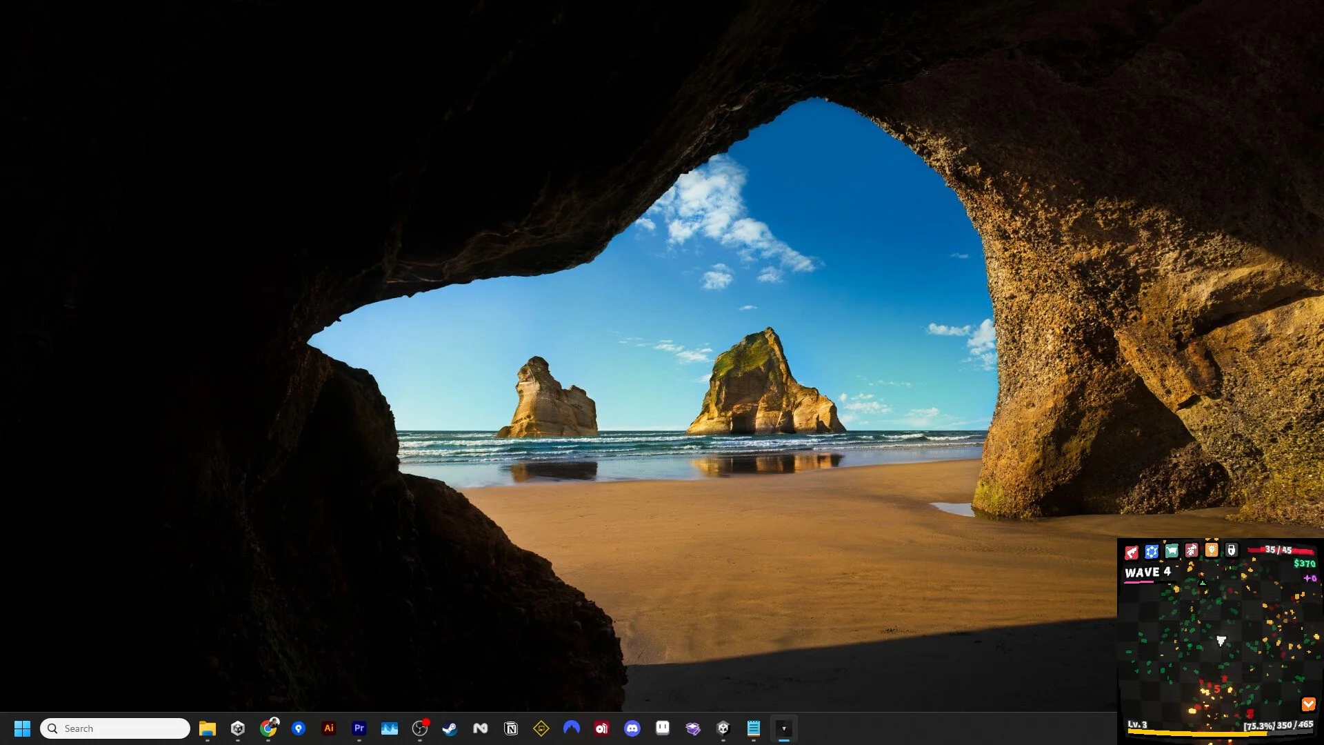 Windows desktop with a beach-cave wallpaper and a Desktop Defender overlay in the corner showing WAVE 4