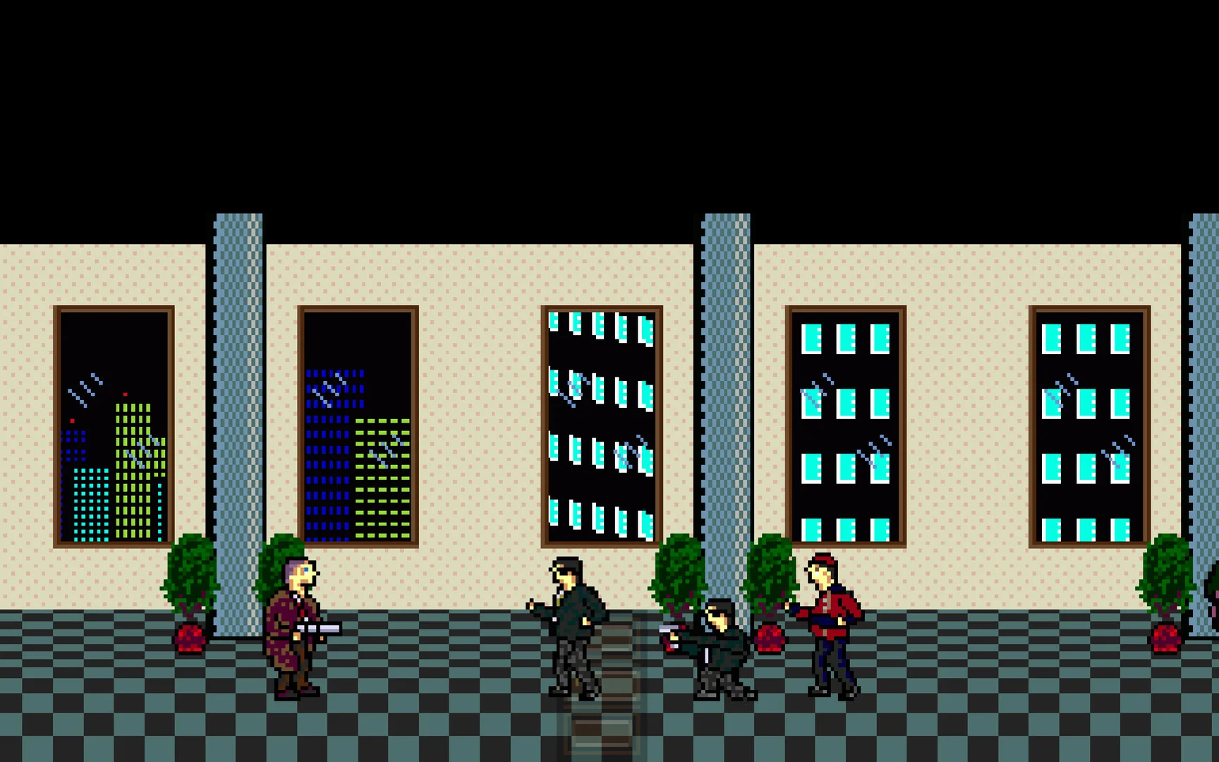 City hallway with night windows, checkered floor and four pixel characters