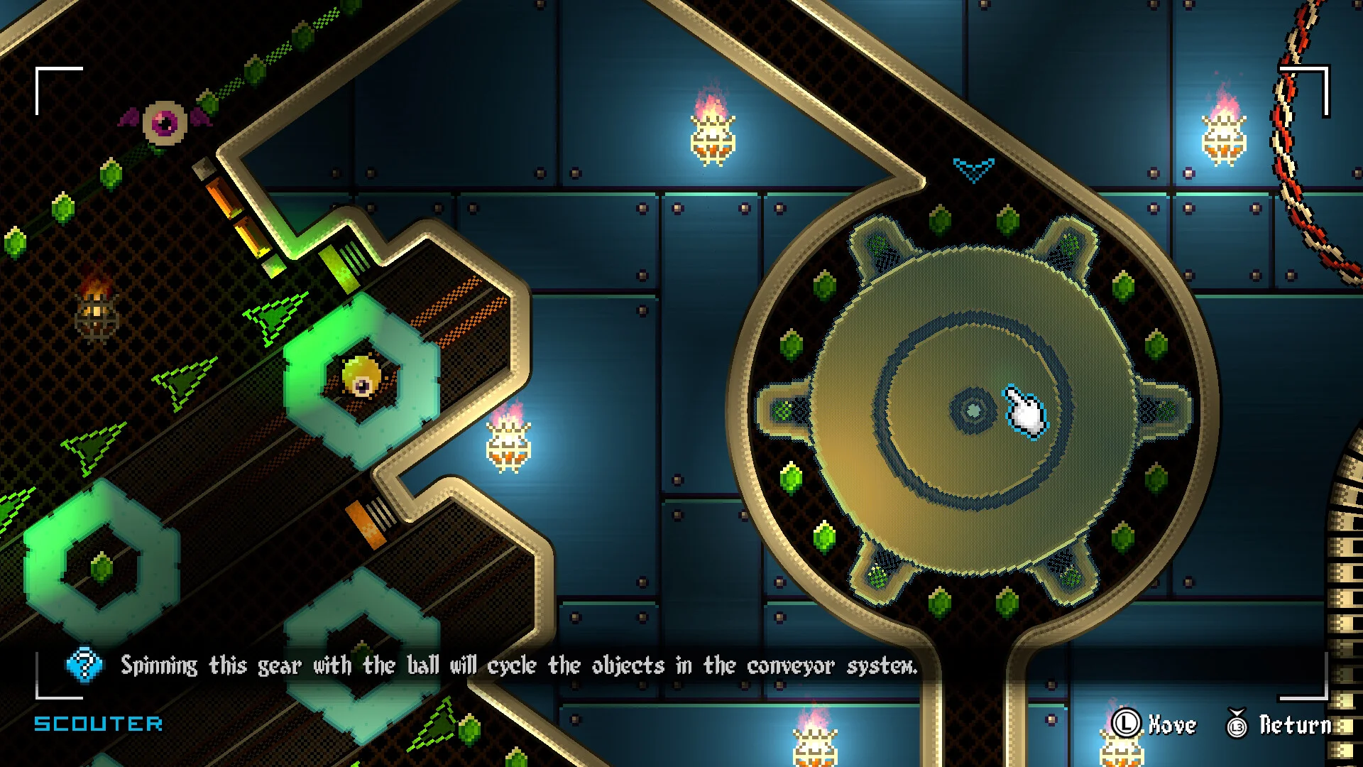 SCOUTER overlay: large gear, green hex pads, hint Spinning this gear with the ball will cycle the objects